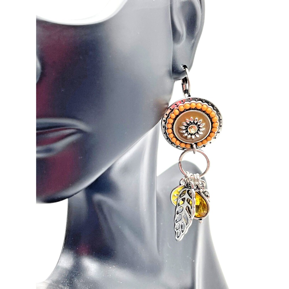 Tribal Celestial Charms Style Silver Tone Amber Dangle Drop Pierced Earrings - Picture 7 of 16